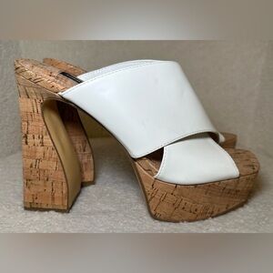 NINE WEST white straps cork high‎ heels platforms curved architectural heel 7.5
